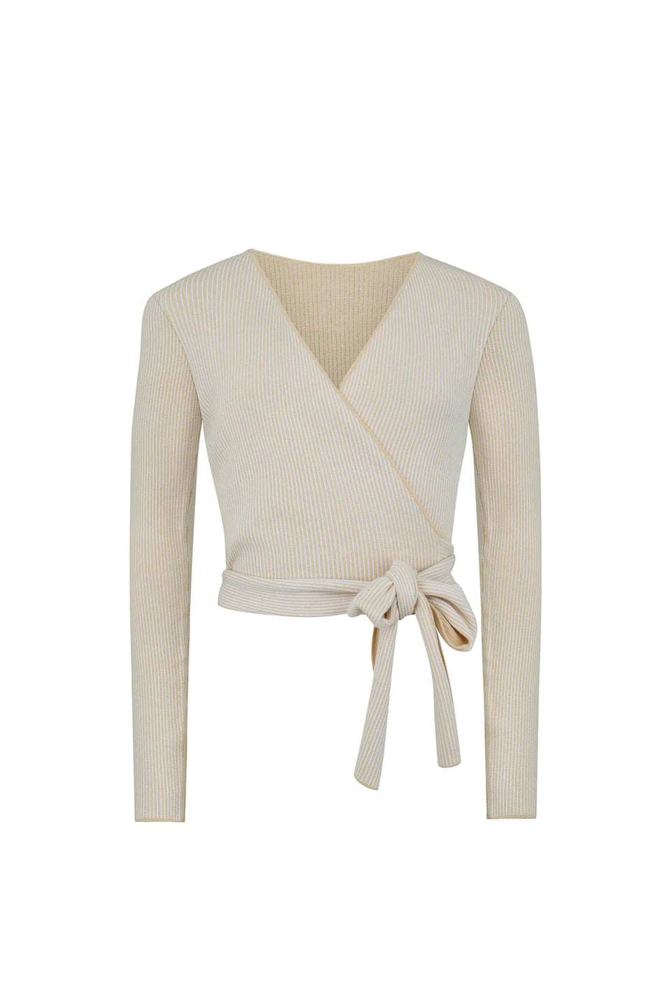 CAMEL STRIPE COTTON KNIT WRAP TOP